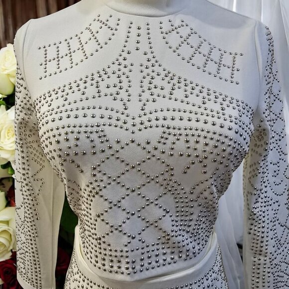 Banjul x Nasty Gal ✦ White Studded Skirt Set S ✦ Cropped Top Mini Skirt Zip-Back - Picture 9 of 16